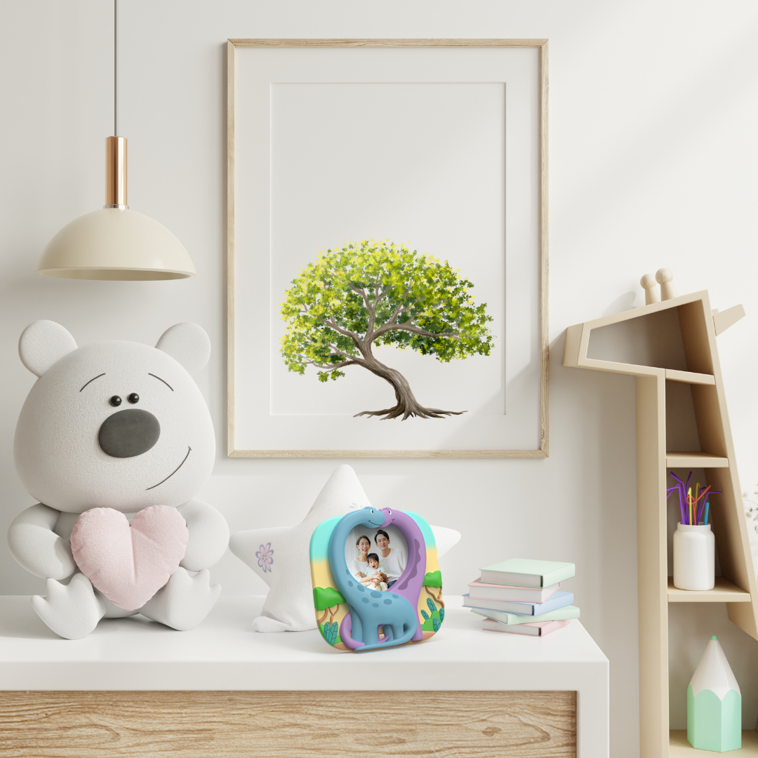 Capture your favorite prehistoric moments with a custom two-dinosaur photo frame, perfect for fossil lovers.