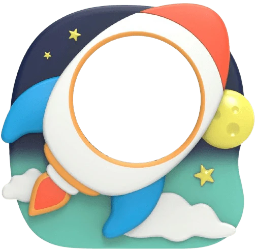 A vibrant and playful rocket ship-themed frame for kids, featuring a space adventure design with stars, planets, and a soaring rocket.